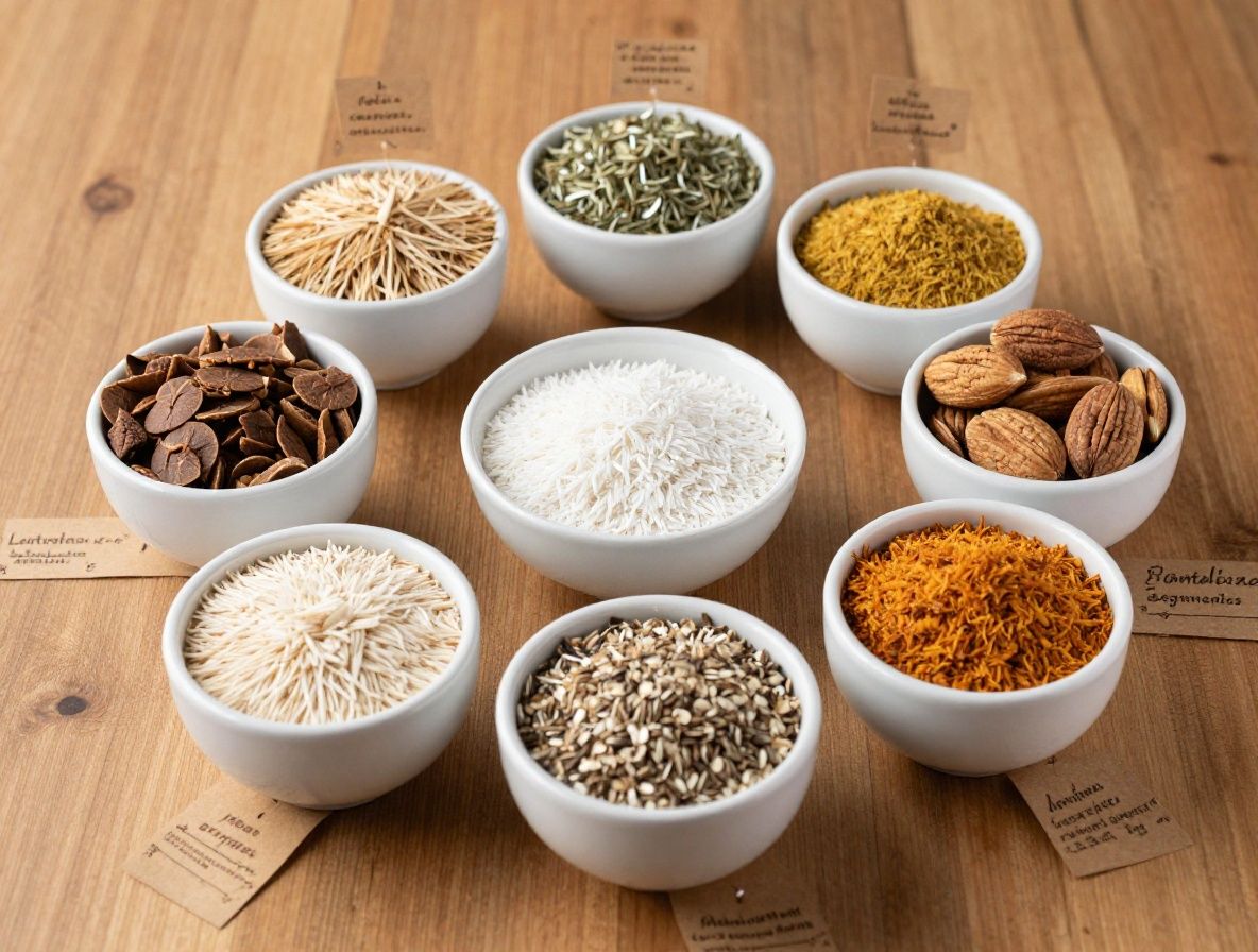 Disposición científica sobre fondo oscuro de madera de diferentes grupos de alimentos en cuencos pequeños de cerámica blanca: cereales integrales, legumbres, semillas, nueces y hortalizas, con anotaciones de etiquetas en papel kraft sobre mesa de laboratorio de cocina