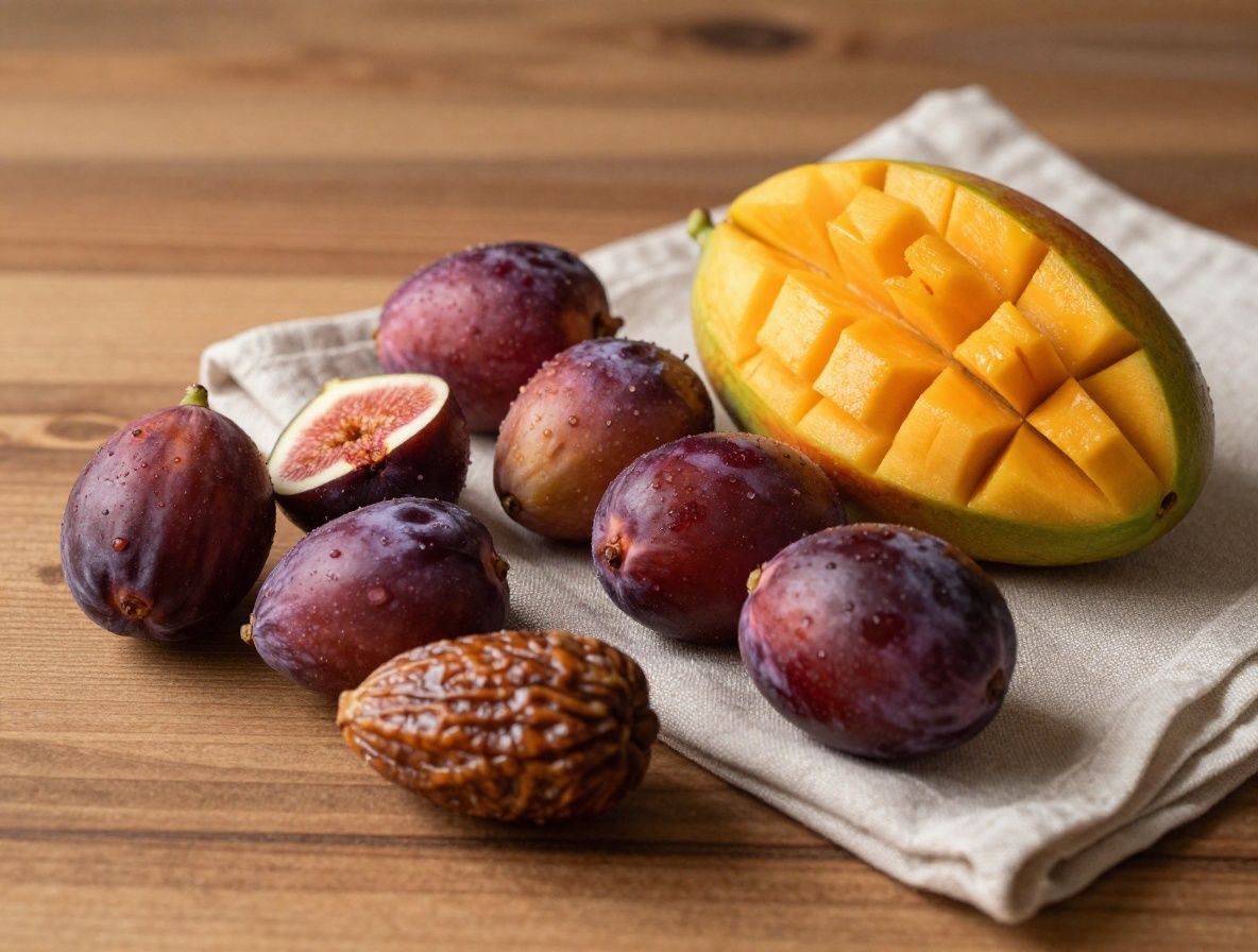 Composición fotográfica de frutas frescas con alto contenido de azúcares naturales: higos cortados, uvas moradas, mangos y dátiles dispuestos artísticamente sobre tabla de madera de olivo con paño de lino beige y luz cálida de mediodía