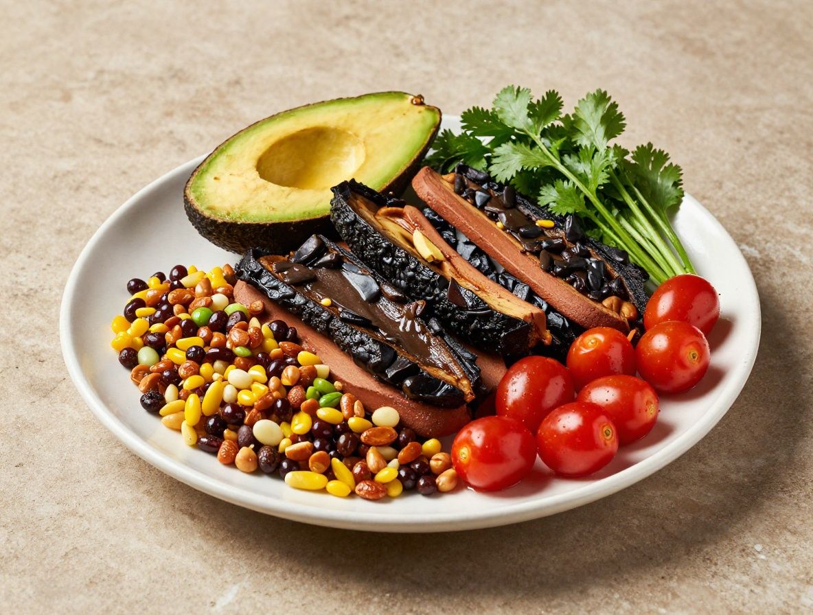 Composición colorida de alimentos latinoamericanos: frijoles negros en olla de barro, granos de maíz multicolor, aguacate cortado, tomates cherry y cilantro fresco sobre superficie de piedra con luz lateral cálida