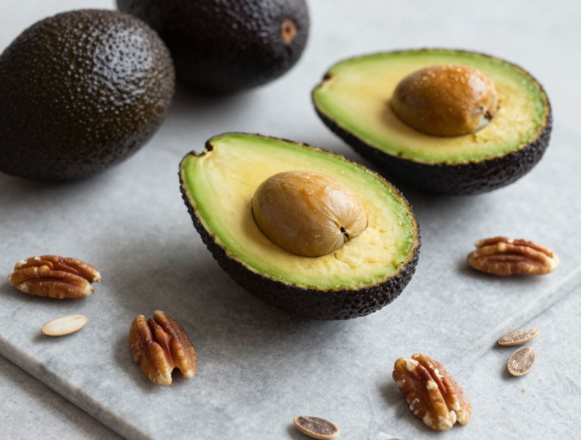 Bodegón fotográfico de alimentos ricos en grasas saludables: aguacate partido, aceitunas, nueces y semillas de lino sobre una superficie de piedra gris clara con iluminación natural suave
